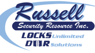 Russell Security Resource Inc. logo with blue script lettering, a swoosh graphic, and the phrases “Locks Unlimited” and “Door Solutions.”